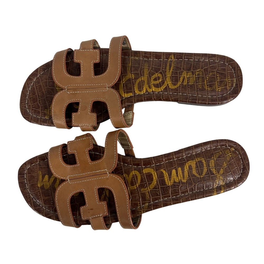 Sam Edelman Bay Slide Sandals Brown Leather Croc Embossed Flats Womens 9.5M